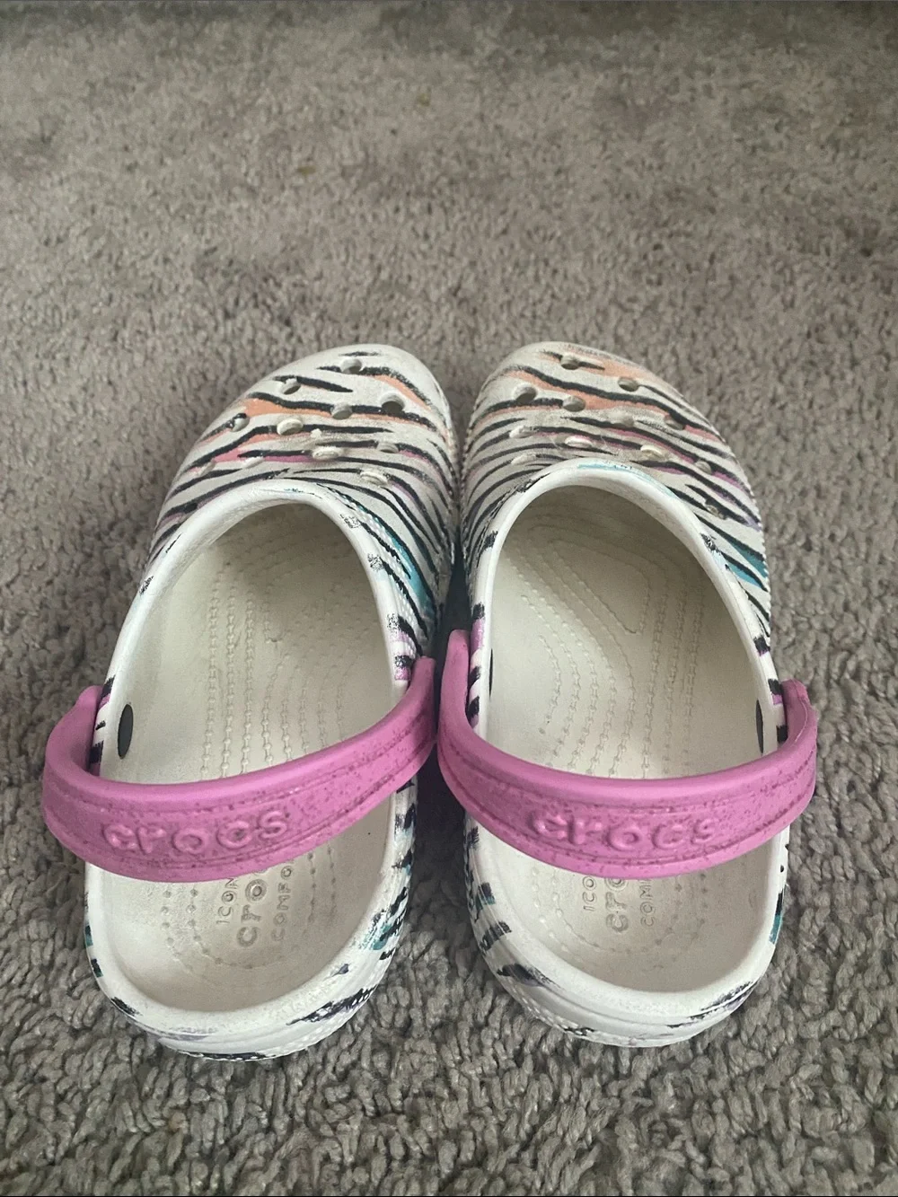 Classic CROCS Kids White Clog with Pink Strap and Multicolor Zebra Stripes